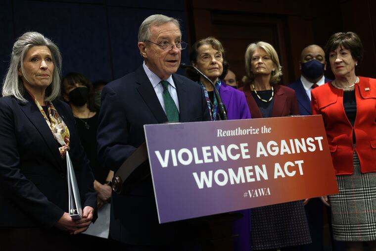U.S. Senate Majority Whip Sen. Richard Durbin (D-Illinois) speaks as, from left, Sen. Joni Ernst (R-Iowa), National Coalition Against Domestic Violence President Ruth Glenn, Sen. Dianne Feinstein (D-California), Sen. Lisa Murkowski (R-Alaska) and Sen. Susan Collins (R-Maine) listen during a news conference at the U.S. Capitol on Wednesday, Feb. 9, 2022, in Washington, D.C. A group of bipartisan U.S. senators held a news conference to announce a bipartisan, modernized Violence Against Women Act. Often, violence starts in the teen years.