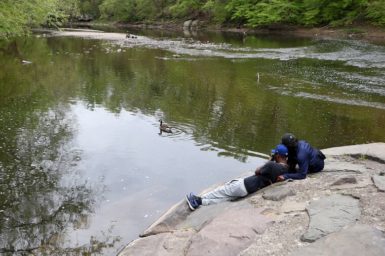 Elijah Garlington takes pictures of a goose as Eliree Yakpasuo watches at Tyler State Park in Newtown, Pa. on May 3, 2021. Garlington and Yakpasuo are from Philadelphia and decided to visit after seeing pictures of the park on social media. .