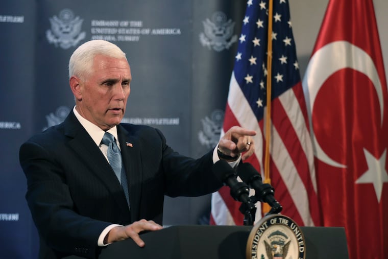 Vice President Mike Pence speaks at the U.S. ambassador's residence during a news conference with Secretary of State Mike Pompeo after their meeting with Turkish President Recep Tayyip Erdogan, in Ankara, Turkey, Thursday, Oct. 17, 2019. Pence says the U.S. and Turkey have agreed to a cease-fire in Syria. (AP Photo/Burhan Ozbilici)