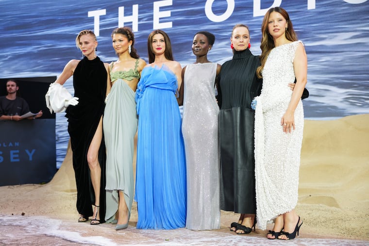 Charlize Theron, from left, Zendaya, Anne Hathaway, Lupita Nyong'o, Samantha Morton, and Mia Goth pose for photographers upon arrival at the premiere of the film 'The Odyssey' on Monday, July 6, 2026, in London. (Photo by Scott A Garfitt/Invision/AP)
