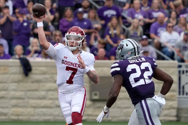 Oklahoma quarterback Spencer Rattler (7) looks to throw during last week's game against Kansas St.
