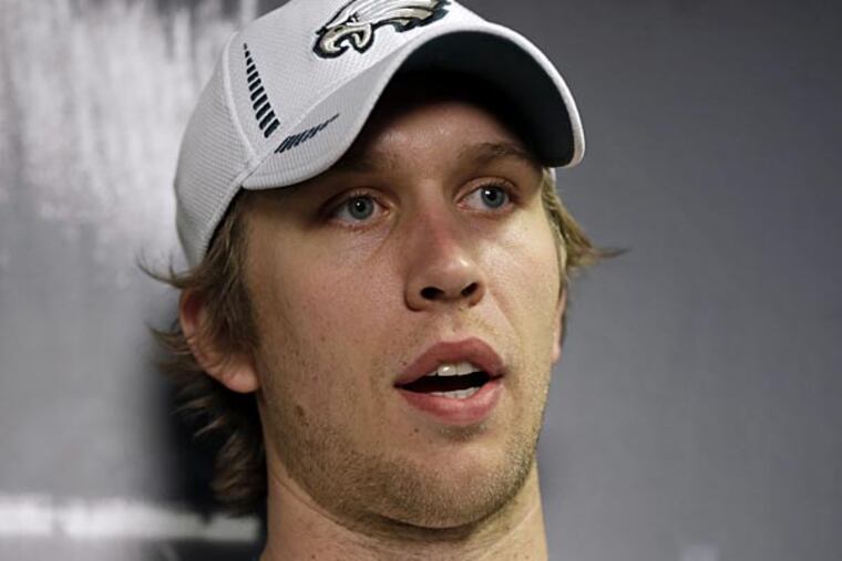 Philadelphia Eagles' Nick Foles speaks during a news conference at the team's NFL football training facility, Wednesday, April 3, 2013, in Philadelphia. (AP Photo/Matt Rourke)