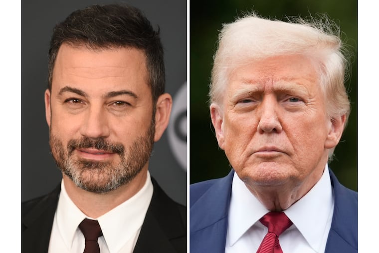 Jimmy Kimmel appears at a Walt Disney Television event in New York in 2019, left, and President Donald Trump appears on the South Lawn of the White House in August.