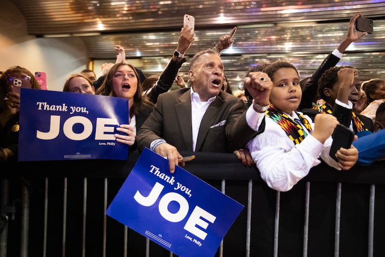 The crowd reacts to President Joe Biden who was headlining the Philadelphian Democrats annual fall dinner, a fundraiser for the city committee, on Oct. 15, 2024. The event was held at the Sheet Metal Workers Training Center.