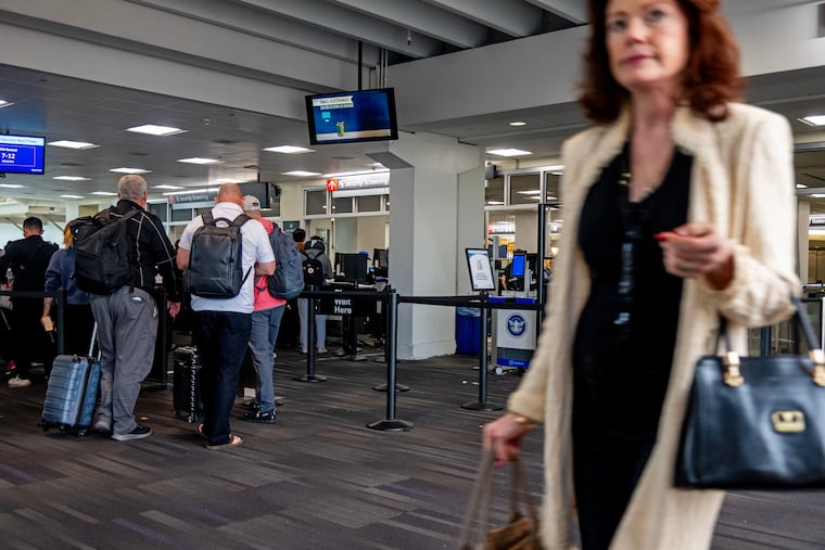 The scene at the TSA checkpoint line in Terminal B at Philadelphia International Airport Sunday morning, Nov. 9, 2025, during FAA-ordered flight cancellations and delays. The FAA has no lifted all flight restrictions ahead of the Thanksgiving and holiday travel season.