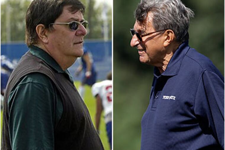 Former Giants general manager Ernie Accorsi (left) was friends with Joe Paterno for 42 years, (File photos)