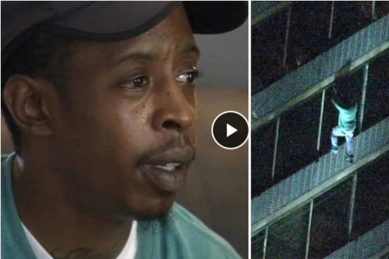 A man seen climbing down a Powelton apartment building during a fire tells 6ABC he was descending after trying to rescue his mother on the 15th floor. The TV station identified him only as Jermaine.