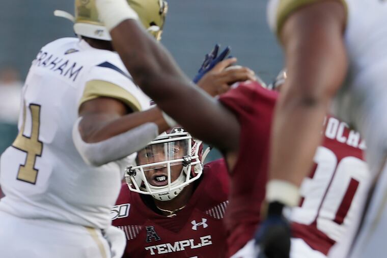 Temple's bowl game will be the 50th college game for Temple linebacker Shaun Bradley (bottom), here chasing Georgia Tech quarterback James Graham.