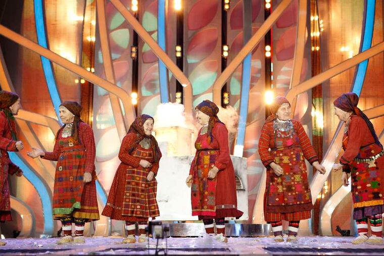 The Buranovo Grannies perform Wednesday during song contest in Moscow.