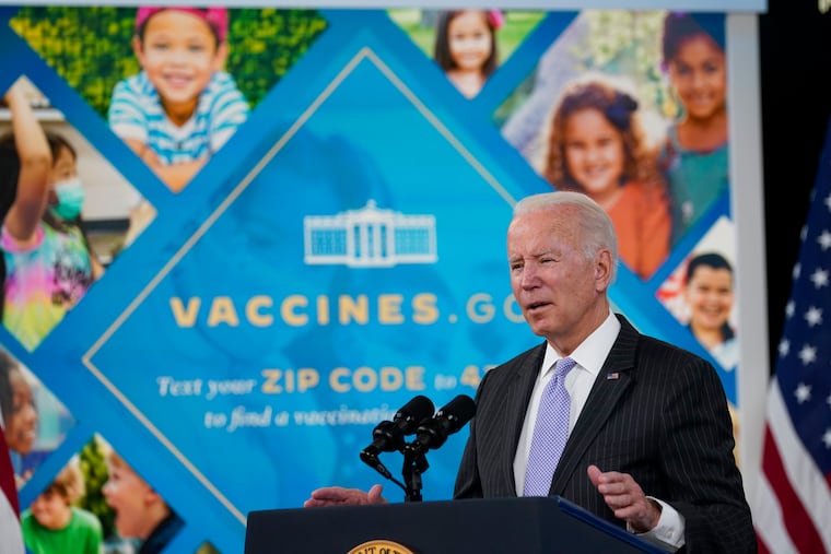 President Joe Biden talks about the newly approved COVID-19 vaccine for children ages 5-11 from the South Court Auditorium of the White House complex in Washington, Wednesday, Nov. 3, 2021. Millions of health-care workers across the U.S. were supposed to have their first dose of a COVID-19 vaccine by Dec. 6 under a mandate from Biden's administration. But that has been placed on hold by federal judges.