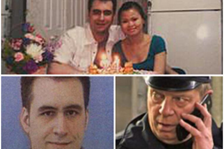 Sean Patrick Conroy snapshots with his fiance, top, and left. Right: An investigator at the scene of Conroy's beating in March. The beating helped galvanize the city to do something about subway violence.