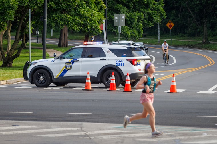 Philadelphia police block traffic from going up Sedgley Drive from Kelly Drive on Tuesday, May 26, 2026. The city will be constructing the FIFA Fan Festival on Lemon Hill.