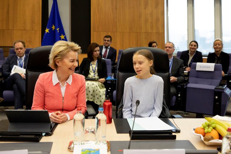 Swedish climate activist Greta Thunberg, right, and European Commission President Ursula von der Leyen attend the weekly College of Commissioners meeting at EU headquarters in Brussels, Wednesday, March 4, 2020. European Commission President Ursula von der Leyen, who has put climate change at the top of her priorities and pledged to make Europe the first climate neutral continent by 2050, will present her plans on Wednesday.
