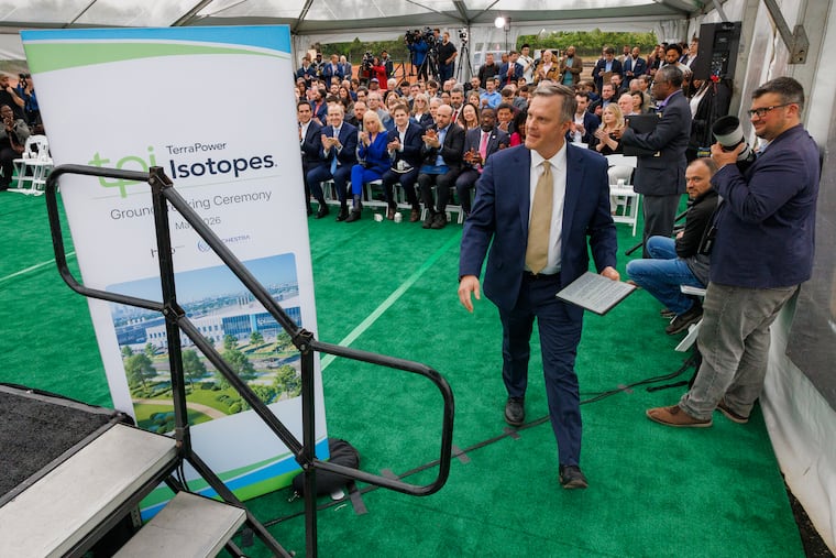 Scott Claunch, president of TerraPower Isotopes, takes the stage before the ceremonial groundbreaking in South Philadelphia, Wednesday, May 6, 2026.