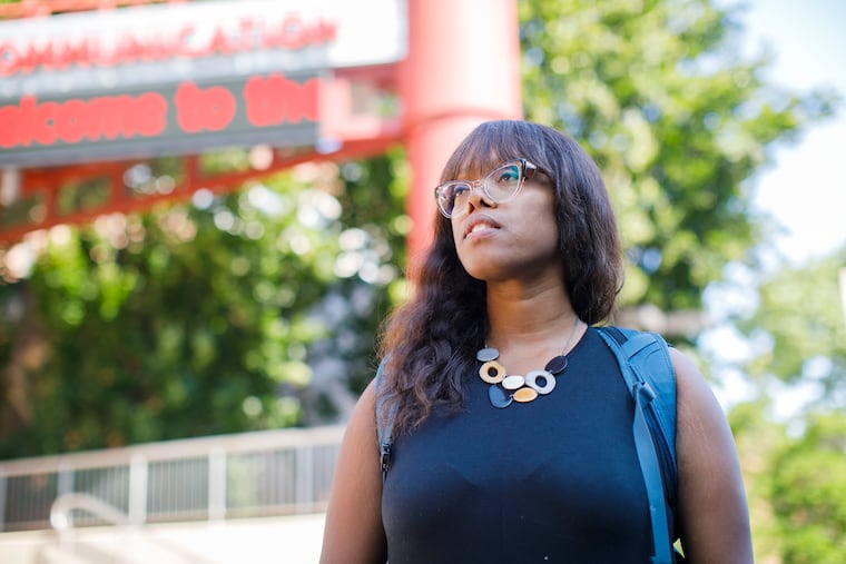 Devon Powers, a professor at Temple University, in front of Annenberg Hall in Philadelphia, PA on Wednesday, August 25, 2021, days after Temple resumed in-person classes.