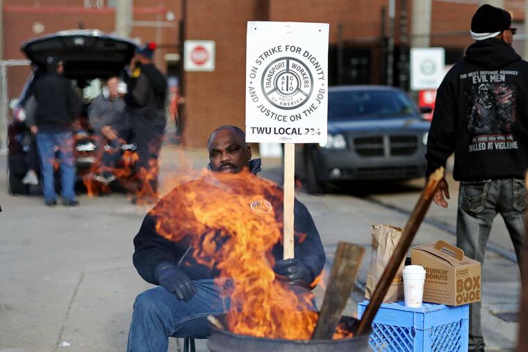 Bill Hylick, 50, a trolley operator joins fellow Transportation Workers Union pickets from Local 234 outside of the Elmwood Light Rail Depot on the first day of their Strike Against SEPTA Tuesday November 1, 2016.