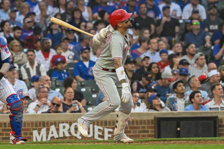 Nick Castellanos hits a three-run home run during the second inning of a baseball game against the Chicago Cubs, Wednesday, June 28, 2023, in Chicago.