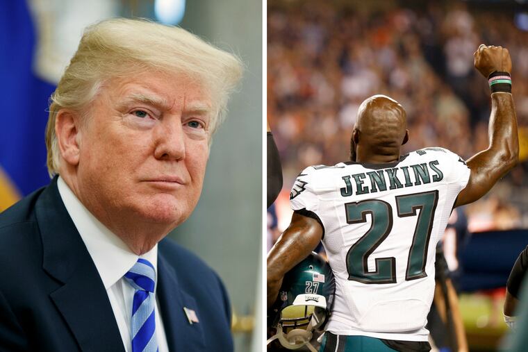 In this combination photo, President Donald Trump listens to a question during a meeting with Uzbek President Shavkat Mirziyoyev in the Oval Office of the White House in Washington, left, and Eagles' strong safety Malcolm Jenkins raises his fist during the national anthem before the Eagles played Chicago Bears, right.
