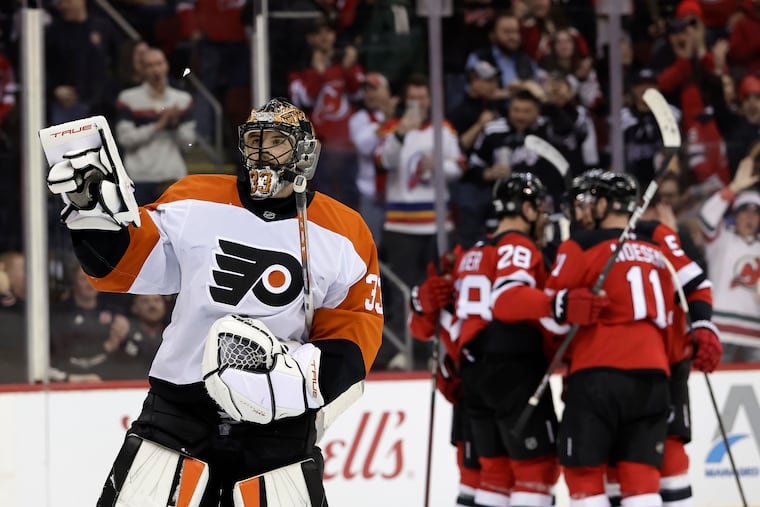 Flyers goaltender Samuel Ersson allowed four goals, including one to New Jersey Devils center Dawson Mercer, during the second period.