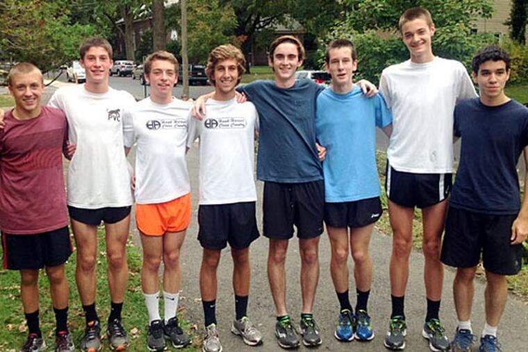 The Haddonfield boys' cross-country team. From left: Greg Pelose, Austin Stoner, John Greenberg, Alex Gigliotti, Patrick Shea, Chris Goings, Danny Brennan, and Matt Stewart.