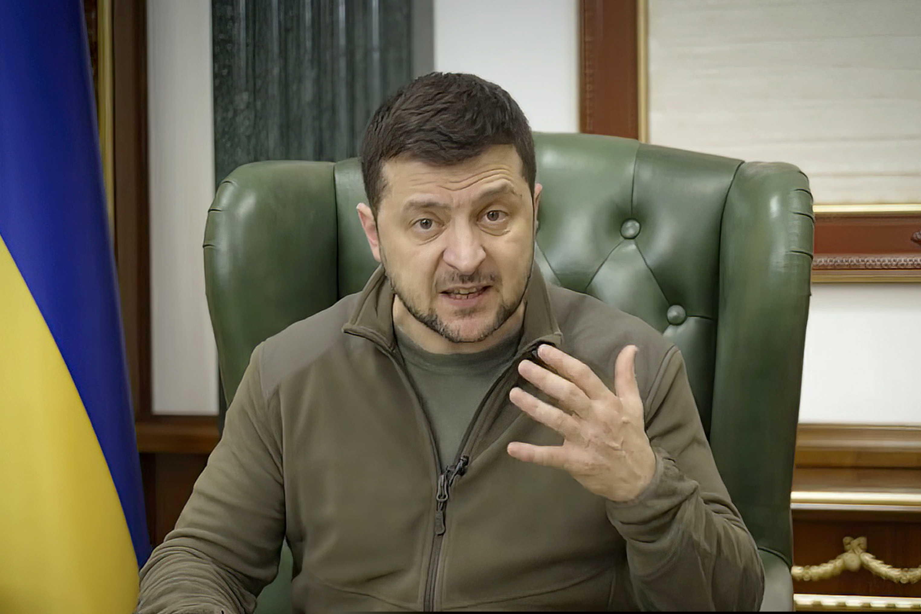 In this image from video, Ukrainian President Volodymyr Zelenskyy speaks in Kyiv, Ukraine.