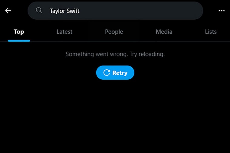 This screenshot made on Monday shows a Taylor Swift search error on social media platform X.