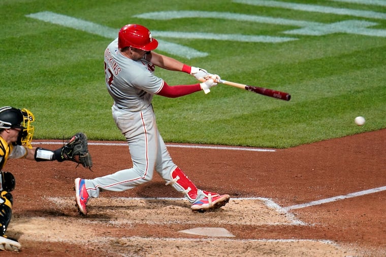 Rhys Hoskins hits an RBI single off Pittsburgh Pirates relief pitcher Wil Crowe during the seventh inning Friday in Pittsburgh.