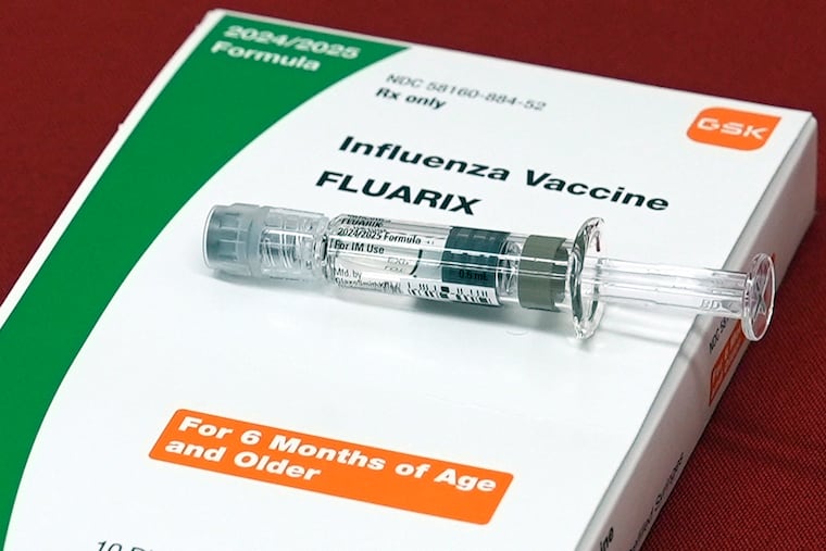 A flu vaccine is displayed at a pharmacy in New York, on Tuesday, Sept. 24, 2024.