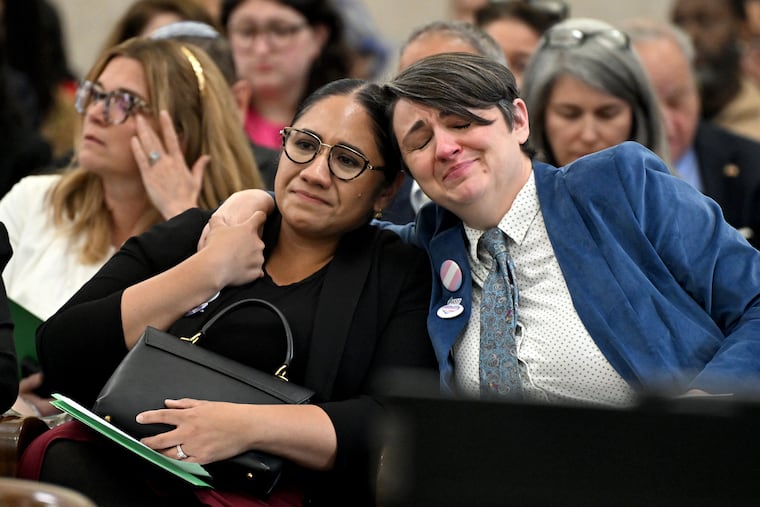 Khadijah Silver (right), director of gender justice and health equity at Lawyers for Good Government, sits with Jennifer Hernández, a mother of a transgender son, during testimony Monday in Trenton. The New Jersey Senate Health, Human Services and Senior Citizens Committee advanced a bill that would legally protect gender-affirming care in New Jersey.