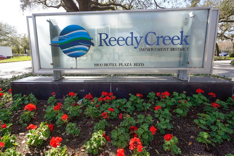 A sign near the entrance of the Reedy Creek Improvement District administration building is seen Monday in Lake Buena Vista, Fla.