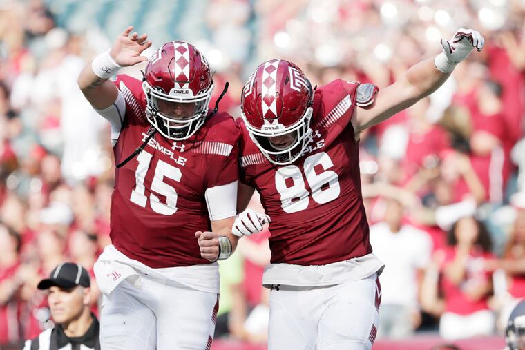 Temple quarterback # 15 Anthony Russo and # 86b Aaron Jarman celebrate Jarman’s third quarter touchdown during the Bucknell vs Temple University football game at Lincoln Financial Field in Phila., Pa. on August 31, 2019.