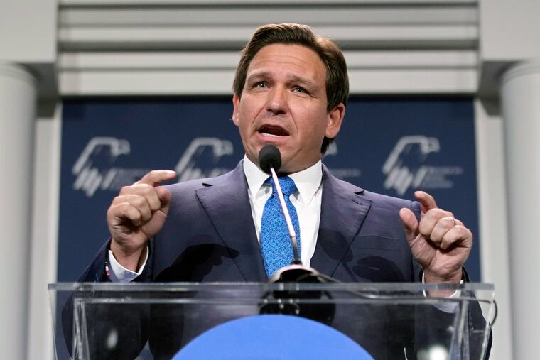 Florida Gov. Ron DeSantis speaks at an annual leadership meeting of the Republican Jewish Coalition on Nov. 19, 2022, in Las Vegas. DeSantis is being honored by the Union League of Philadelphia.