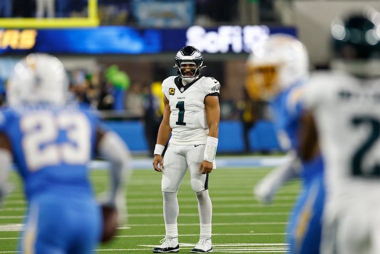 Eagles quarterback Jalen Hurts reacts after an interception by Chargers safety Tony Jefferson ended Monday's game.