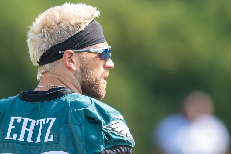 Zach Ertz, looks on during 2021 Eagles Training Camp in Philadelphia, Pa. Friday, July 30, 2021.