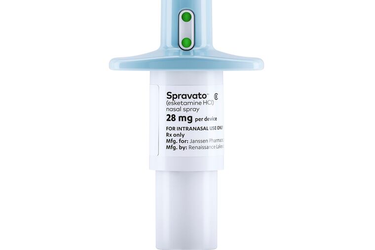 This photo provided by Janssen Global Services shows Spravato nasal spray. Spravato, a mind-altering medication related to the club drug Special K, won U.S. approval Tuesday, March 5, 2019, for patients with hard-to-treat depression, the first in a series of long-overlooked substances being reconsidered for severe forms of mental illness. (Janssen Global Services via AP)