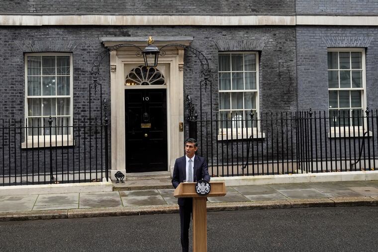 British Prime Minister Rishi Sunak delivers a speech at 10 Downing Street in London, Tuesday, Oct. 25, 2022.