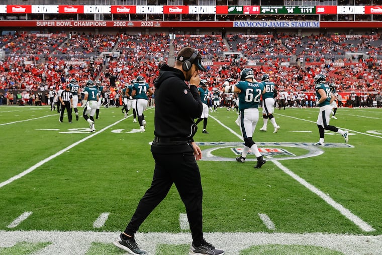 Eagles coach Nick Sirianni walks the sideline late in the fourth quarter against the Tampa Bay Buccaneers.