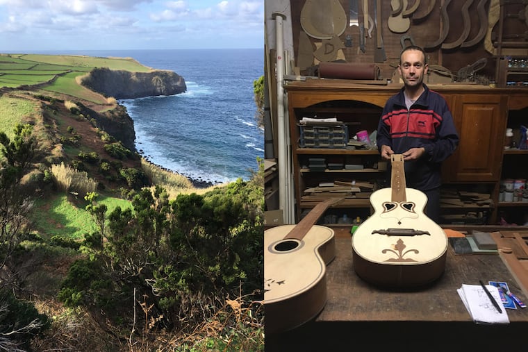 At left, the north coast of Terceira Island in the Azores. Right, Antonio Mota, in his workshop, with the Azorean guitars he makes. He is the last guitar maker on Terceira. (Photo: David Patrick Stearns)