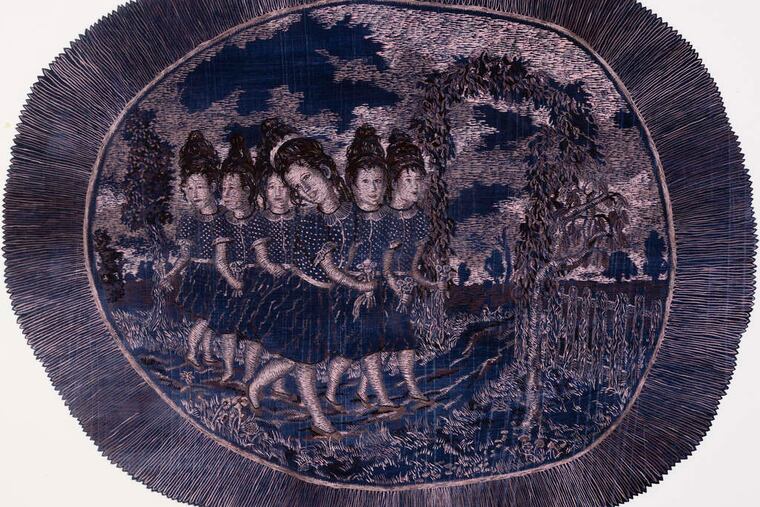 Marilyn Holsing's "Flattery" (2011), a painted drawing resembling tapestry or toile fabric, with a menacing edge.