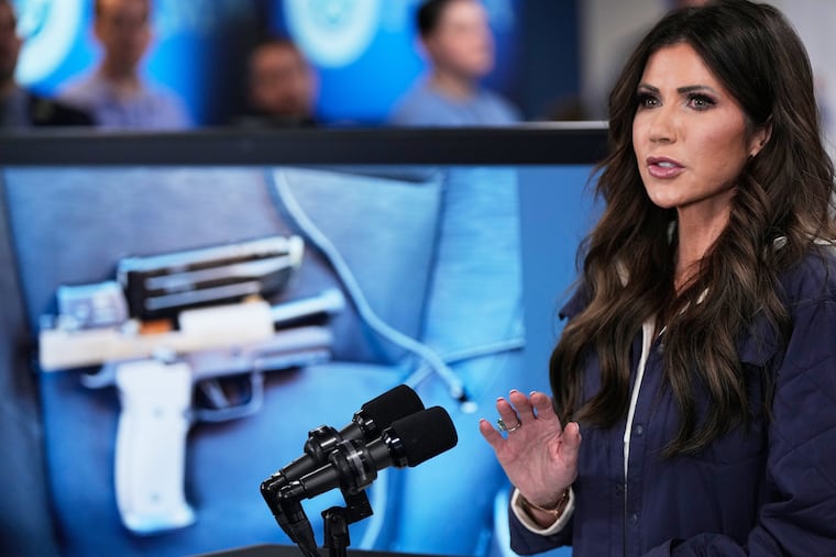 Homeland Security Secretary Kristi Noem speaks during a news conference Saturday at Federal Emergency Management Agency headquarters in Washington.