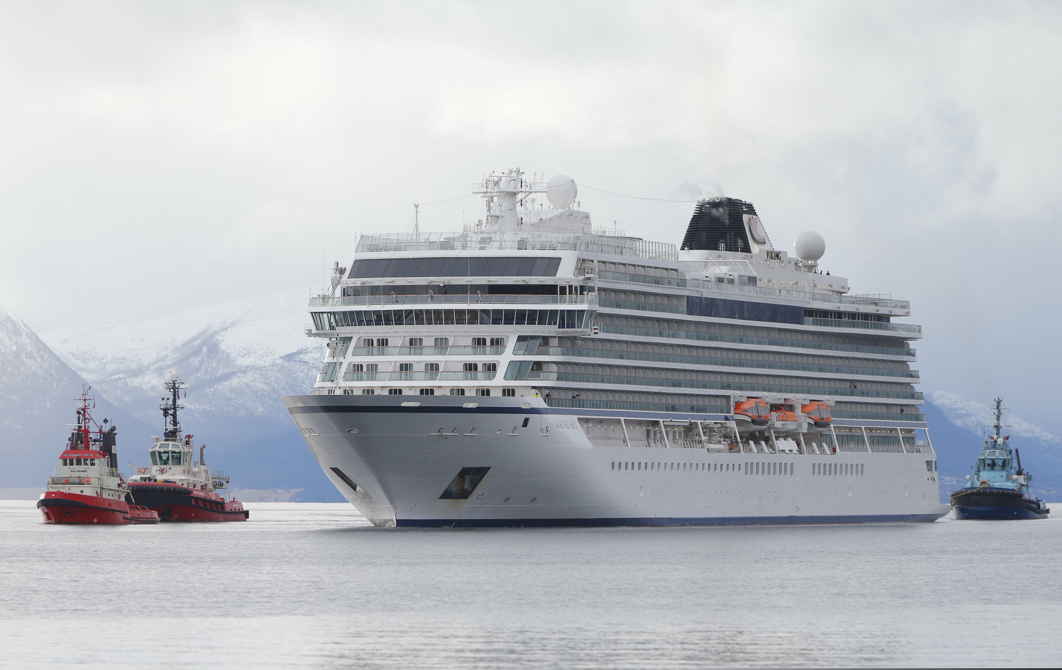 The cruise ship Viking Sky arrives at port off Molde, Norway, on Sunday after encountering problems in heavy seas off Norway's western coast.