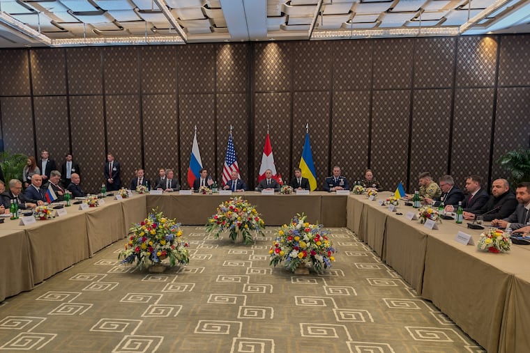 U.S. (center), Ukrainian (right) and Russian delegations on Tuesday attend the next round of trilateral talks on the Russia-Ukraine war in Geneva, Switzerland.