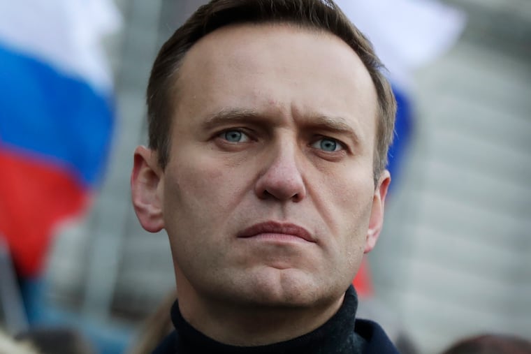 Russian opposition activist Alexei Navalny takes part in a march in memory of opposition leader Boris Nemtsov in Moscow, Russia, on Feb. 29, 2020.