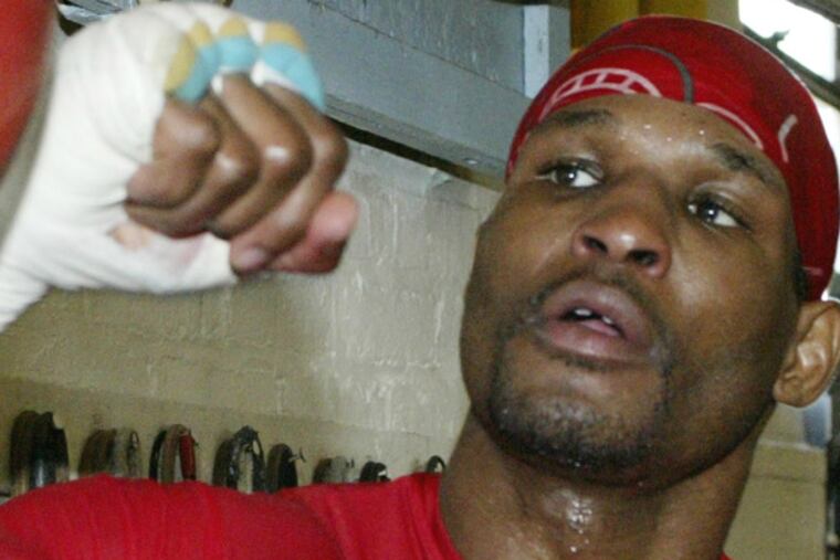 March 25, 2003: Philadelphia boxing champ Bernard Hopkins prepares for a title fight in Philadelphia Tuesday at the Upper Darby Boxing Gym.