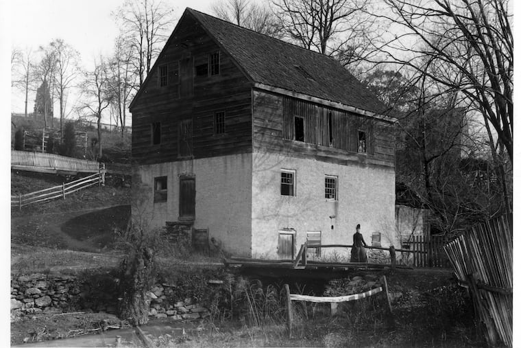 The papermill circa 1899. The original structure built in the late 17th century was destroyed by a fire. The mill was the anchor of the Rittenhouse Town, America's first company town. The homestead which is our most famous 1707 structure is only visible by a chimney in the image.