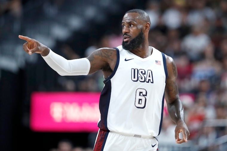 United States forward LeBron James (6) celebrates after scoring a basket against Canada during the second half of an exhibition basketball game Wednesday, July 10, 2024, in Las Vegas. (AP Photo/Steve Marcus)