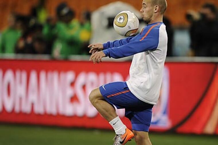 Netherlands' Wesley Sneijder at practice Saturday. The Netherlands will play Spain in the World Cup final. (AP Photo/Martin Meissner)