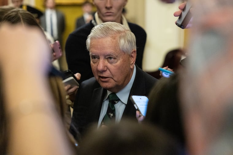 FILE — Sen. Lindsey Graham (R-S.C.) speaks to reporters on Capitol Hill in Washington, Nov. 7, 2025. On Saturday, July 11, 2026, Graham died of an aortic dissection — a rip in the aorta, the main artery carrying blood from the heart to the rest of the body.