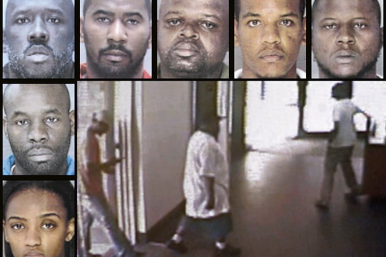 Piazza slaying suspects (clockwise from bottom left) Katoya Jones, Donnell Murchison, Will Hook, Robert Keith, Edward Daniels, Antonio Wright and Langdon Scott are charged in the killings of Rian Thal and Timothy Gilmore caught on surveillance video June 27.