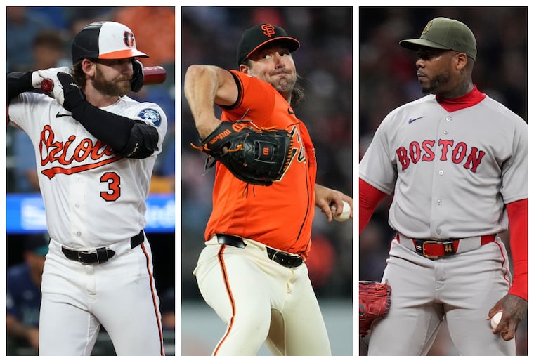 Orioles outfielder Taylor Ward (right), Giants pitcher Robbie Ray (center), and Red Sox reliever Aroldis Chapman (right) could be targets for the Phillies at the trade deadline.